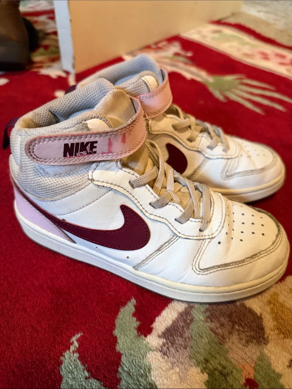 Nike Kids White and Maroon High-Top Sneakers with Pink Strap